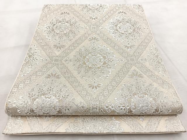 平和屋着物◎六通柄袋帯　菱天井花文　銀糸　正絹　逸品　BAAV4873yc