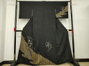 平和屋着物▼訪問着 絞り 葡萄唐草文 黒地 金彩 正絹 逸品 AAAU7915ck