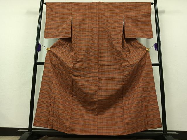 平和屋着物▽上質な紬　単衣　格子　正絹　逸品　AABB2453jh