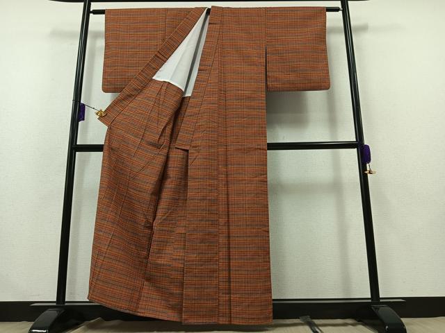 平和屋着物▽上質な紬　単衣　格子　正絹　逸品　AABB2453jh