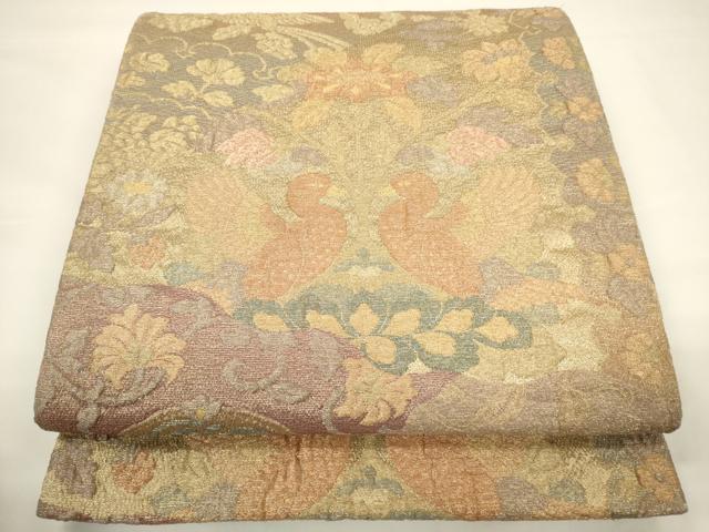 平和屋着物▼六通柄袋帯　ふくれ織　花鳥文　金糸　正絹　逸品　CAAU5842ak