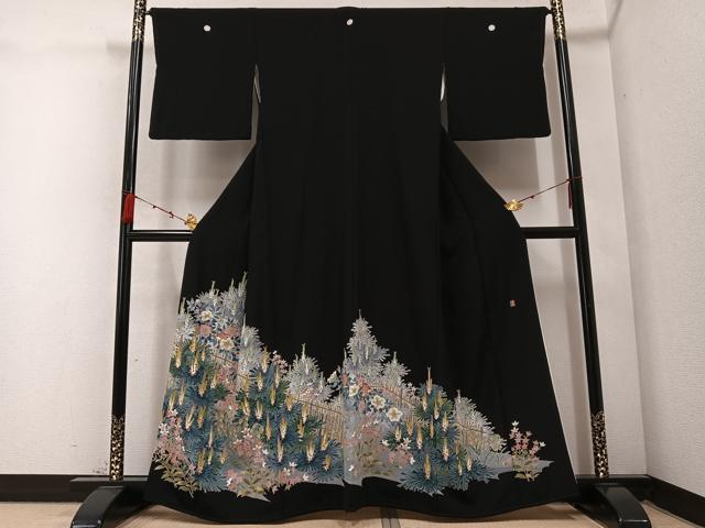 平和屋着物●本加賀友禅作家　浅野冨治男　黒留袖　枝花文　正絹　逸品　AABC1763ph