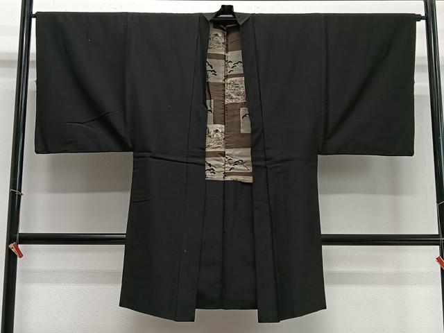 平和屋着物∞男性　長羽織　紬地　黒地　正絹　逸品　CABD4659ua