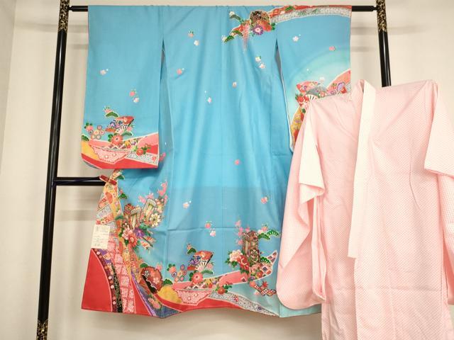 平和屋着物[]七五三　女の子　7歳　祝着　四つ身　長襦袢(単衣)セット　御所車花文　暈し染め　金彩　AABE2117ja