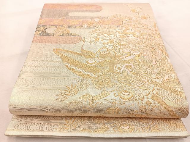 平和屋着物◎佐賀錦 六通柄袋帯 飛鶴宝舟文 金銀糸 正絹 逸品 BAAV4933yc