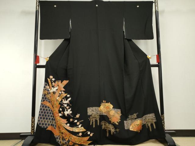 平和屋着物■豪華黒留袖　束ね熨斗飛鶴花松文　金彩　正絹　逸品　AABF1979cs