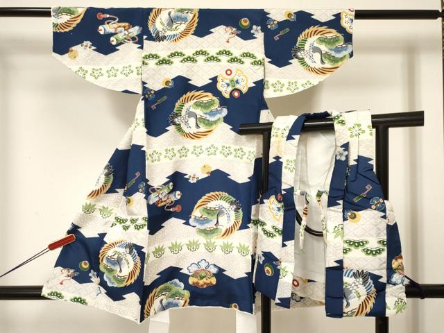 平和屋着物[]七五三　男の子　祝着・被布セット　飛鶴笹松文　逸品　DAAY3474ma