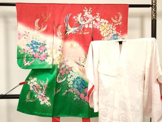 平和屋着物[]七五三　女の子　3歳　祝着　三つ身　長襦袢(袷)セット　飛鶴花文　暈し染め　金銀彩　逸品　DAAY3475ma