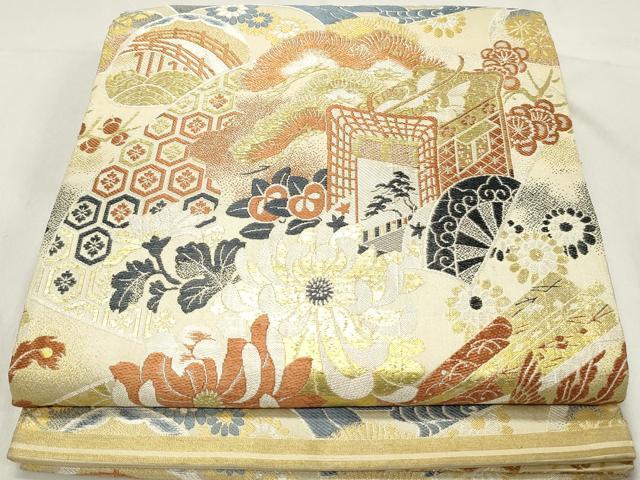 平和屋着物◎アンティーク　大正ロマン　六通柄　丸帯　唐織　御所車花文　乱菊　金糸　正絹　逸品　DAAW8987qa