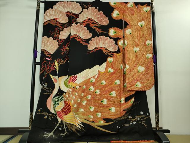 平和屋本店■極上 アンティーク 大正ロマン 振袖 刺繍 孔雀 松 黒地 金彩 逸品 DZAA7948kh5