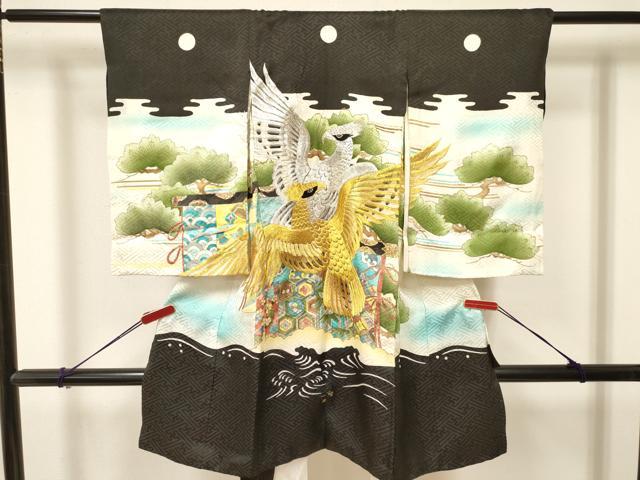 平和屋着物[]お宮参り　男の子　祝着　産着　初着　のしめ　刺繍　鷹　鷲　几帳松文　暈し染め　金彩　逸品　DAAY3449ma