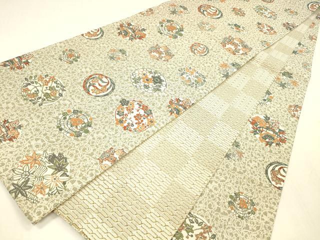 平和屋着物●両面　全通柄袋帯　風景花鳥文　市松文様　正絹　逸品　DABA0617cm