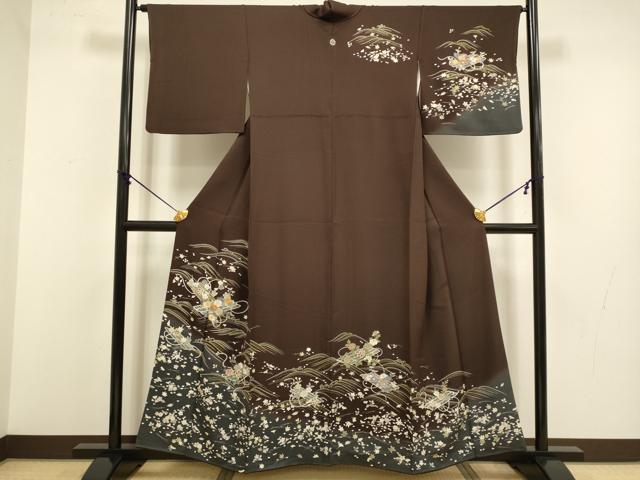 平和屋着物●訪問着　駒刺繍　立波花筏文　暈し染め　金彩　正絹　逸品　DABB9690du