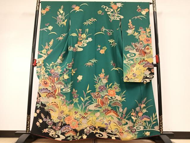 平和屋着物●豪華振袖　型染め　花鳥文　暈し染め　正絹　逸品　AABE5595fy