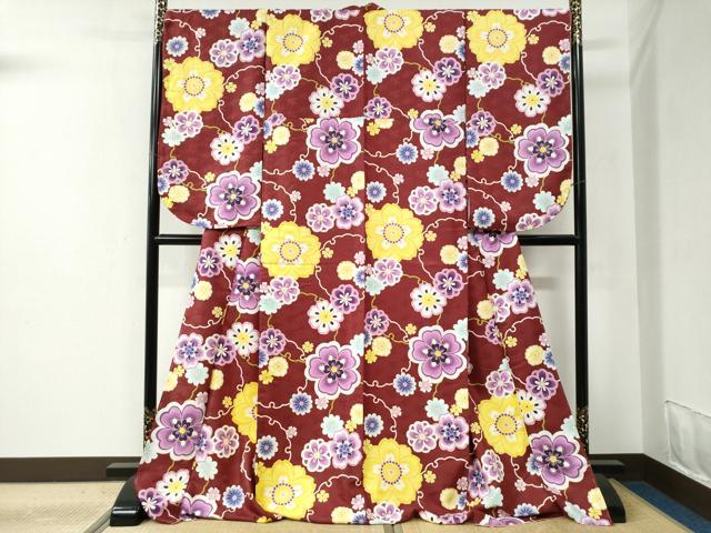 平和屋着物●小振袖　二尺袖　雪輪舞花文　洗える着物　未使用　CABC6456yc