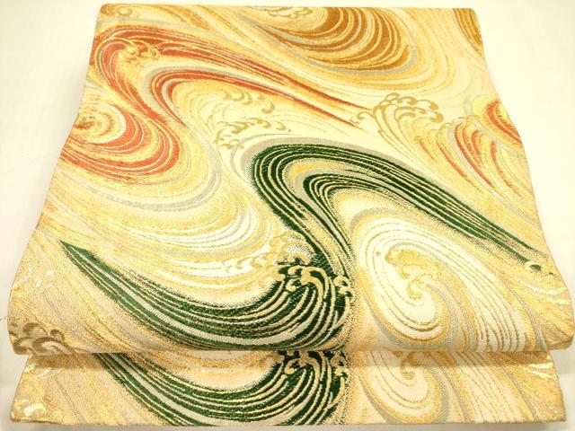 平和屋着物◎アンティーク　大正ロマン　丸帯　立波文　金糸　正絹　逸品　DABA6922op