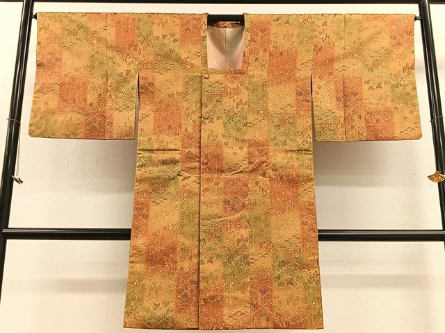 平和屋着物＃道行コート お召地 市松吉祥花文 ロング丈 正絹 逸品 CAAV5762id