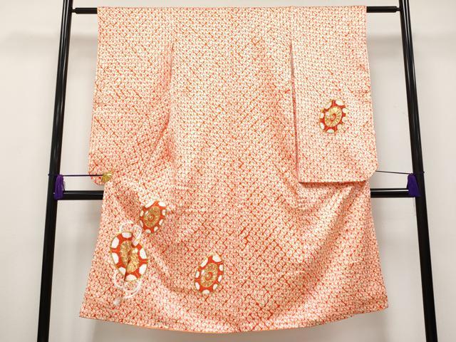 平和屋着物■極上　七五三　女の子　7歳　祝着　駒刺繍　絞り　源氏車紐文　照柿色地　逸品　CYAA2847s5