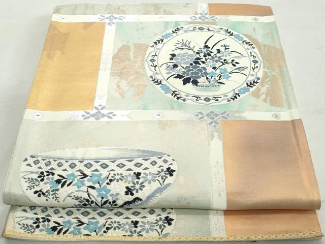 平和屋着物◎六通柄袋帯　唐織　器物文　皿　金銀糸　正絹　逸品　DAAW1134qa