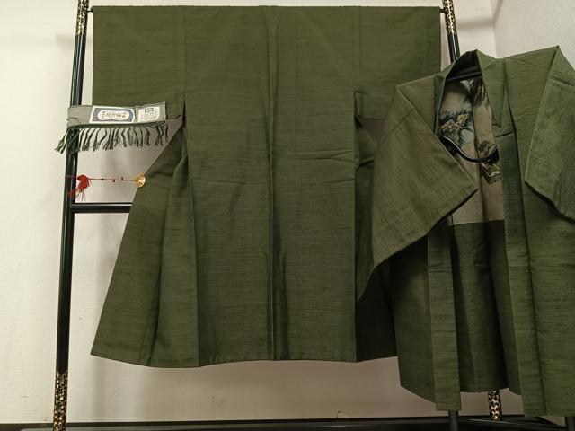 平和屋着物●男性　信州紬　アンサンブル　草木染　手織り　反端付き　正絹　逸品　AABE8950ph
