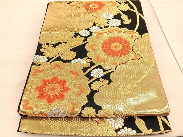 平和屋着物◎六通柄袋帯　唐織　雲取り亀甲花文　黒地　金銀糸　正絹　逸品　BAAV5242hv