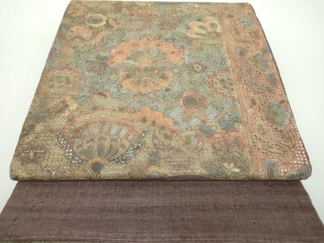 平和屋着物●中国三大刺繍　スワトウ相良刺繍　汕頭相良刺繍　総刺繍　太鼓柄袋帯　紬地　更紗花文　正..