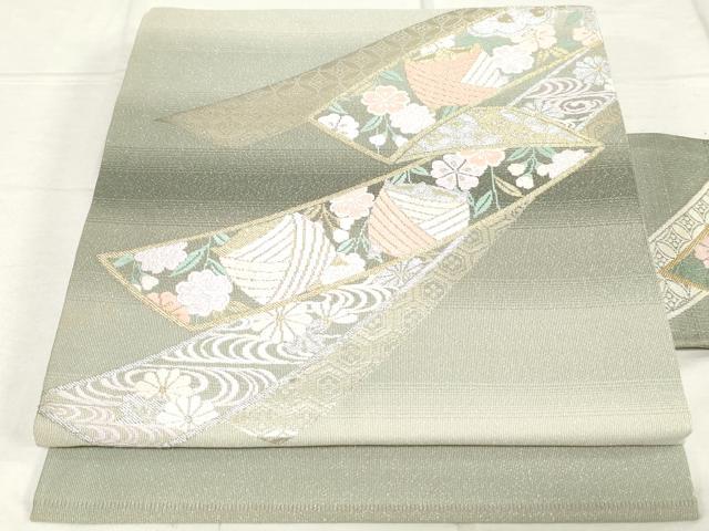 平和屋着物◎九寸名古屋帯　唐織　糸車花文　金銀糸　正絹　逸品　DAAV0819qa