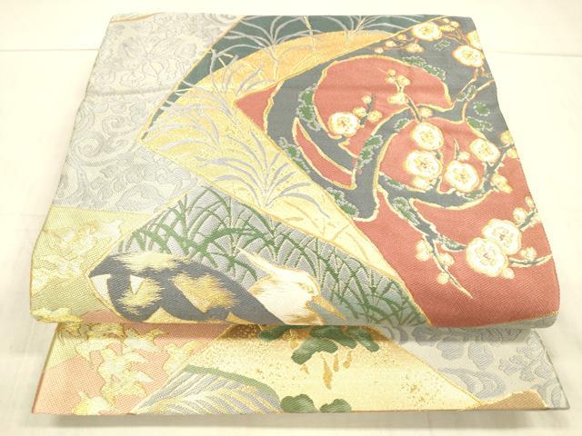 平和屋着物●六通柄袋帯　唐織　風景枝花文　金糸　正絹　逸品　DAAX5607cm