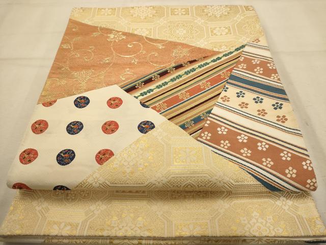 平和屋着物◎太鼓柄袋帯　切嵌花文　金糸　正絹　逸品　AABA4770dt