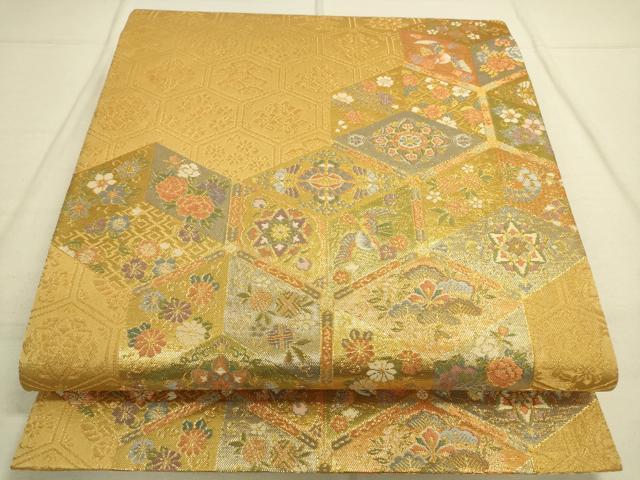 平和屋着物◎全通柄袋帯　亀甲花文　金糸　正絹　逸品　DAAO9747rt