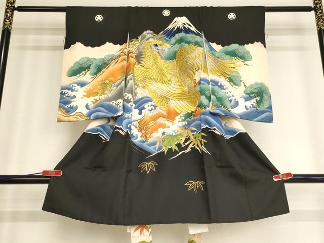 平和屋着物[]お宮参り 男の子 祝着 産着 初着 のしめ 刺繍 鷹 立波風景文 金銀糸 金彩 逸品 AAAY2462ja