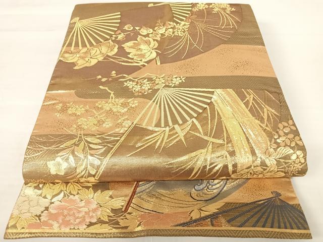 平和屋着物◎全通柄袋帯　唐織　扇面花文　金糸　正絹　逸品　AABB2808yx