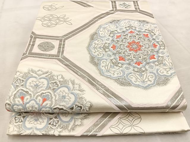 平和屋着物◎六通柄袋帯　唐織　プラチナ箔　蜀江取華文　正絹　逸品　BAAV4347yc