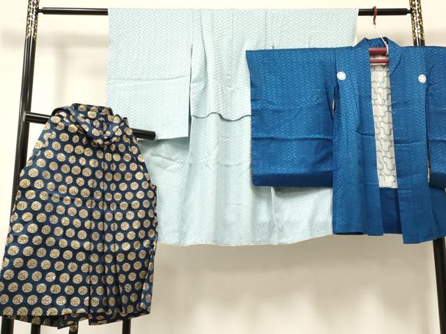 Kimono （For Girls） - 平和屋着物[]七五三　男の子　祝着(薄雲鼠色)・羽織(薄花色)・行灯袴セット　七宝花地紋　逸品　DABE7021ma