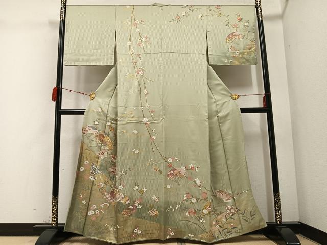平和屋着物●訪問着　駒刺繍　扇面鴛鴦枝花文　暈し染め　金彩　正絹　逸品　AABC3350ph