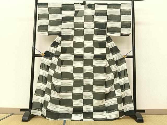 Kimono - 平和屋着物＊夏物　小紋　絽　変わり市松文様　洗える着物　BAAU3474hj