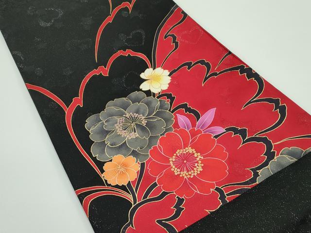 平和屋着物■極上　太鼓柄袋帯　草花文　黒地　銀通し地　逸品　CZAA4357s5
