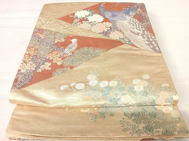 平和屋着物◎六通柄袋帯　唐織　九百錦　千代田のきもの　孔雀花文　金糸　正絹　逸品　AABB2828yx