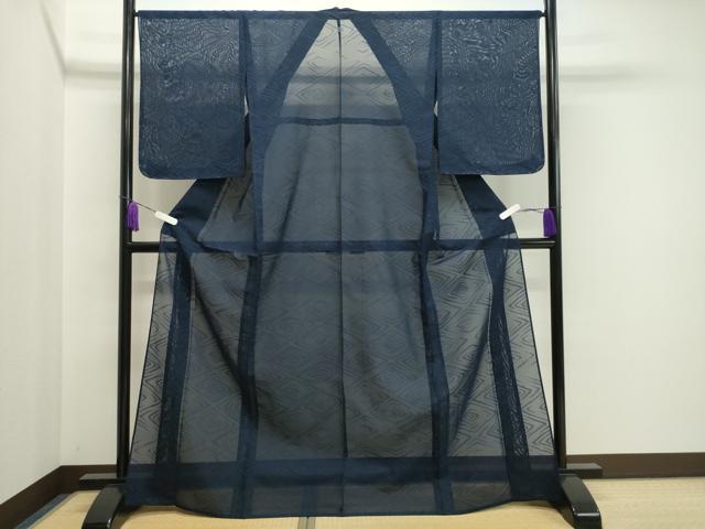 平和屋着物＊夏物　色無地　菱紋紗　濃藍色　正絹　逸品　未使用　CAAV9014gh