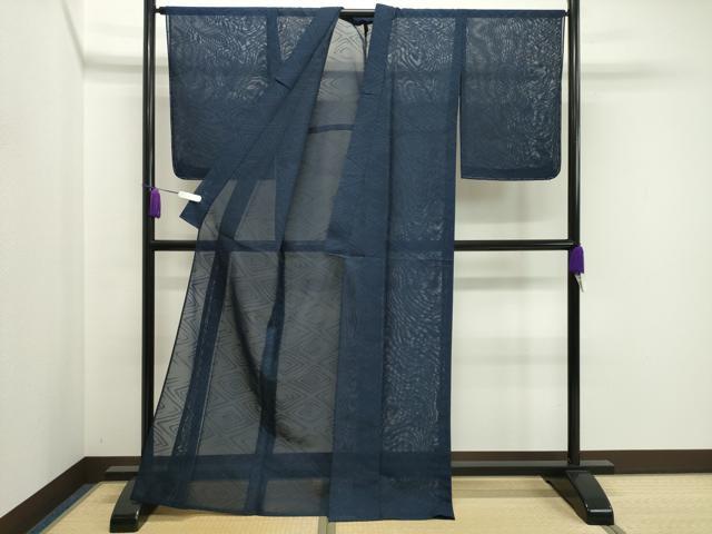 平和屋着物＊夏物　色無地　菱紋紗　濃藍色　正絹　逸品　未使用　CAAV9014gh