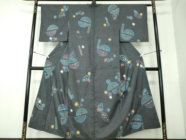 平和屋着物●上質な小紋　紬地　型染　抽象文様　正絹　逸品　DAAV6367ps