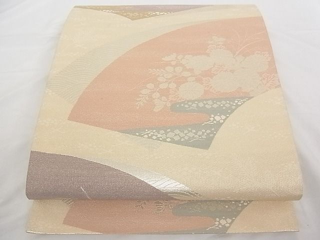 平和屋着物■六通柄袋帯 地紙花文 銀糸 正絹 逸品 A-tn2837