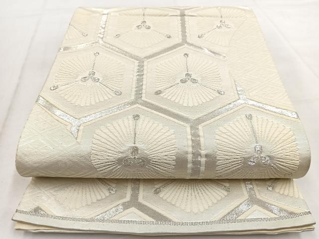 平和屋着物◎六通柄袋帯　唐織　亀甲孔雀羽文　銀糸　正絹　逸品　BAAW8734yc