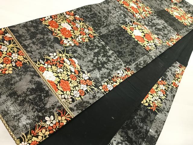 平和屋着物◎六通柄袋帯　唐織　草花文　黒地　金糸　正絹　逸品　AABB2850yx