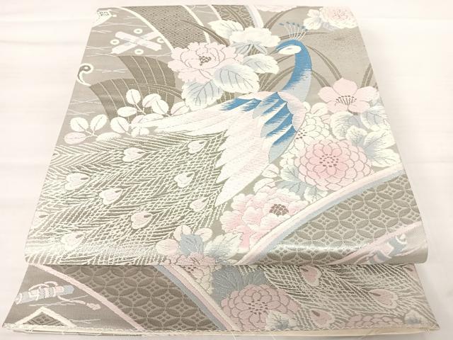 平和屋着物◎六通柄袋帯　唐織　花鳥遊生文　プラチナ箔　正絹　逸品　AABB2852yx