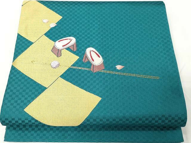 平和屋着物●太鼓柄京袋帯　唐織　簪　下駄　青緑色　金糸　正絹　逸品　CAAX9277yk