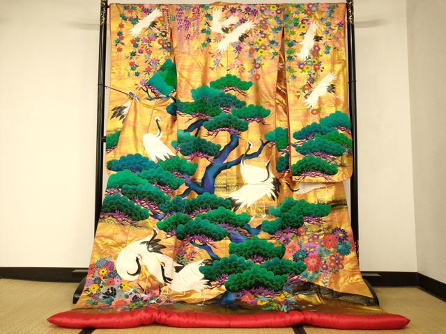 平和屋本店●本手描友禅作家 秋山章 色打掛 和装 婚礼 結婚式 花嫁 神社挙式 群れ鶴草花松文 暈し染め 金彩 逸品 AABM0888fw