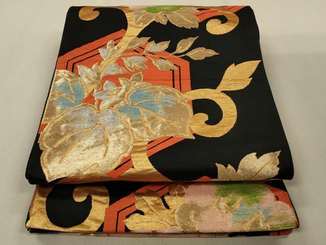 平和屋着物◎六通柄　京袋帯　亀甲桐文　黒地　金糸　正絹　逸品　CAAV0160qe