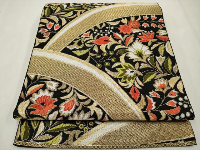 平和屋着物◎六通柄 本袋帯 唐織 更紗花文 黒地 金糸 CAAV0192qe