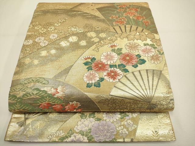 平和屋着物◎六通柄袋帯 扇面花文 金糸 正絹 逸品 DAAX2858du